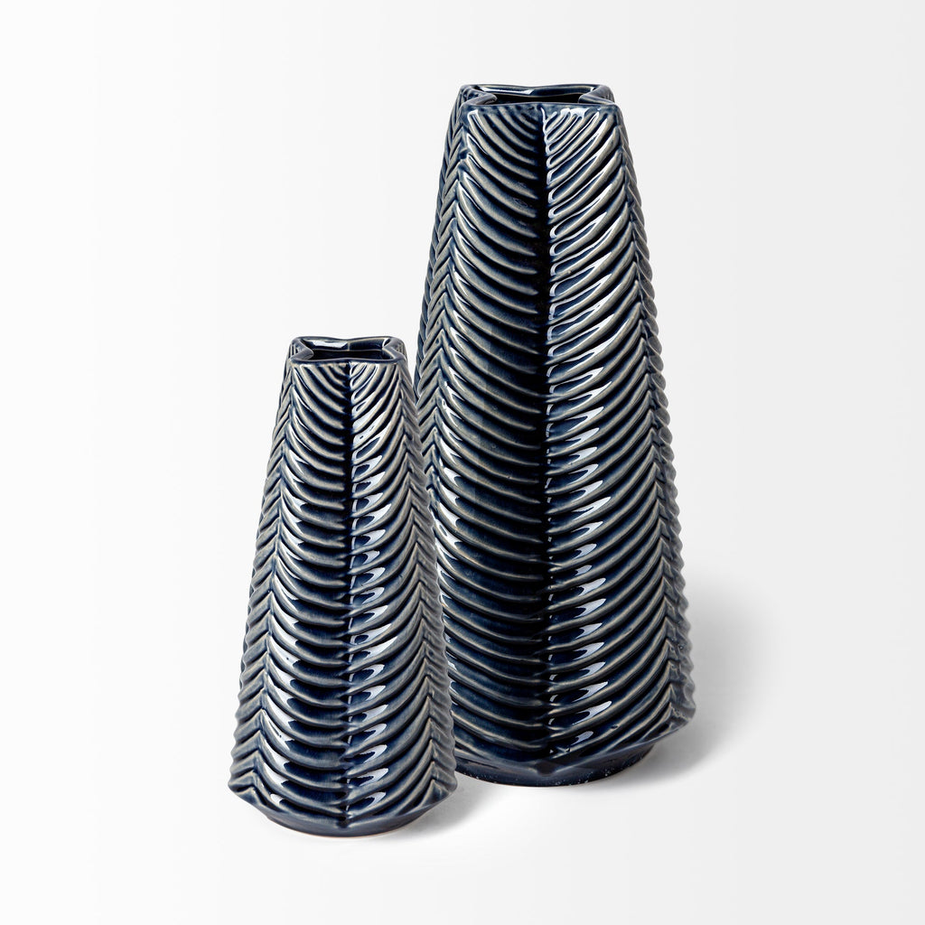 Small Grooved Navy Ceramic Vase