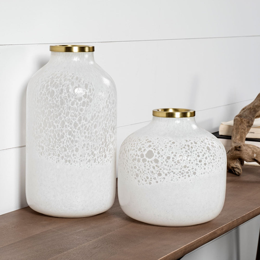 Short White Glass Vase with Gold Rim