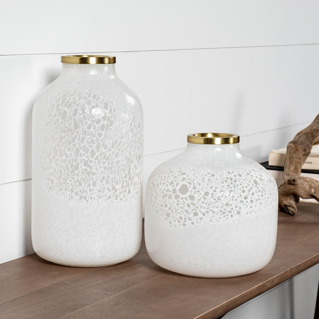 Short White Glass Vase with Gold Rim