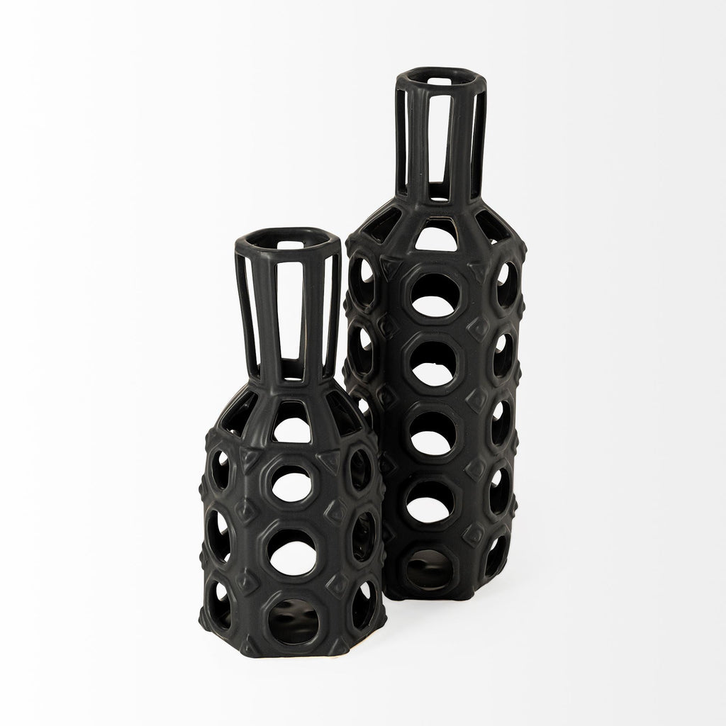 Black Cutout Drum Ceramic Vase