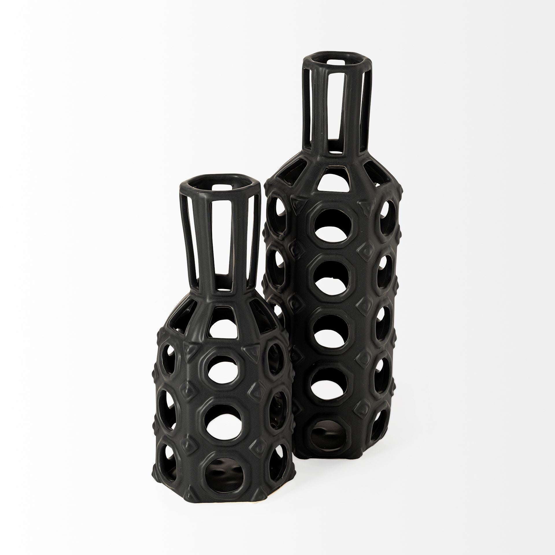 Black Cutout Drum Ceramic Vase