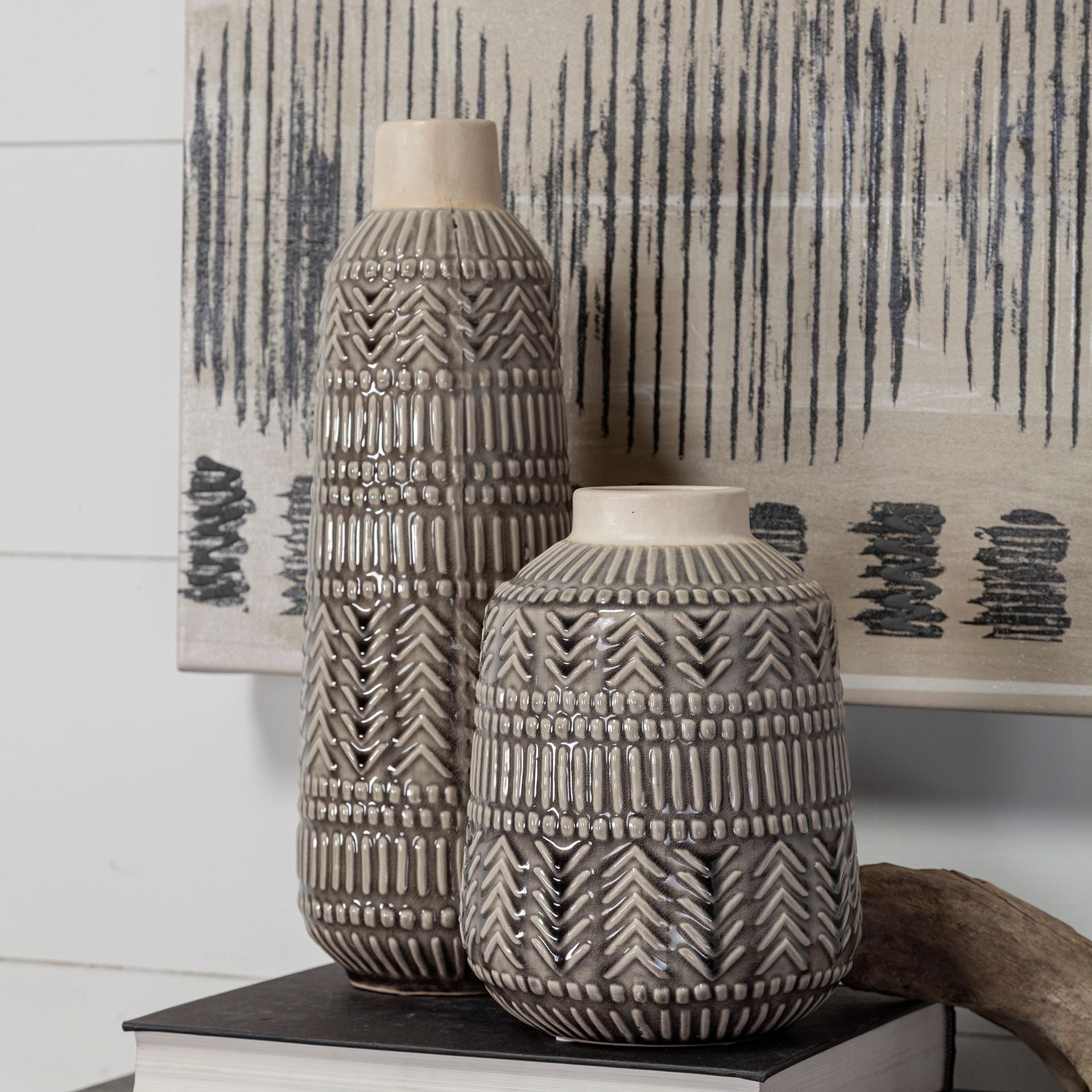 Large Geometric Cream Ceramic Vase