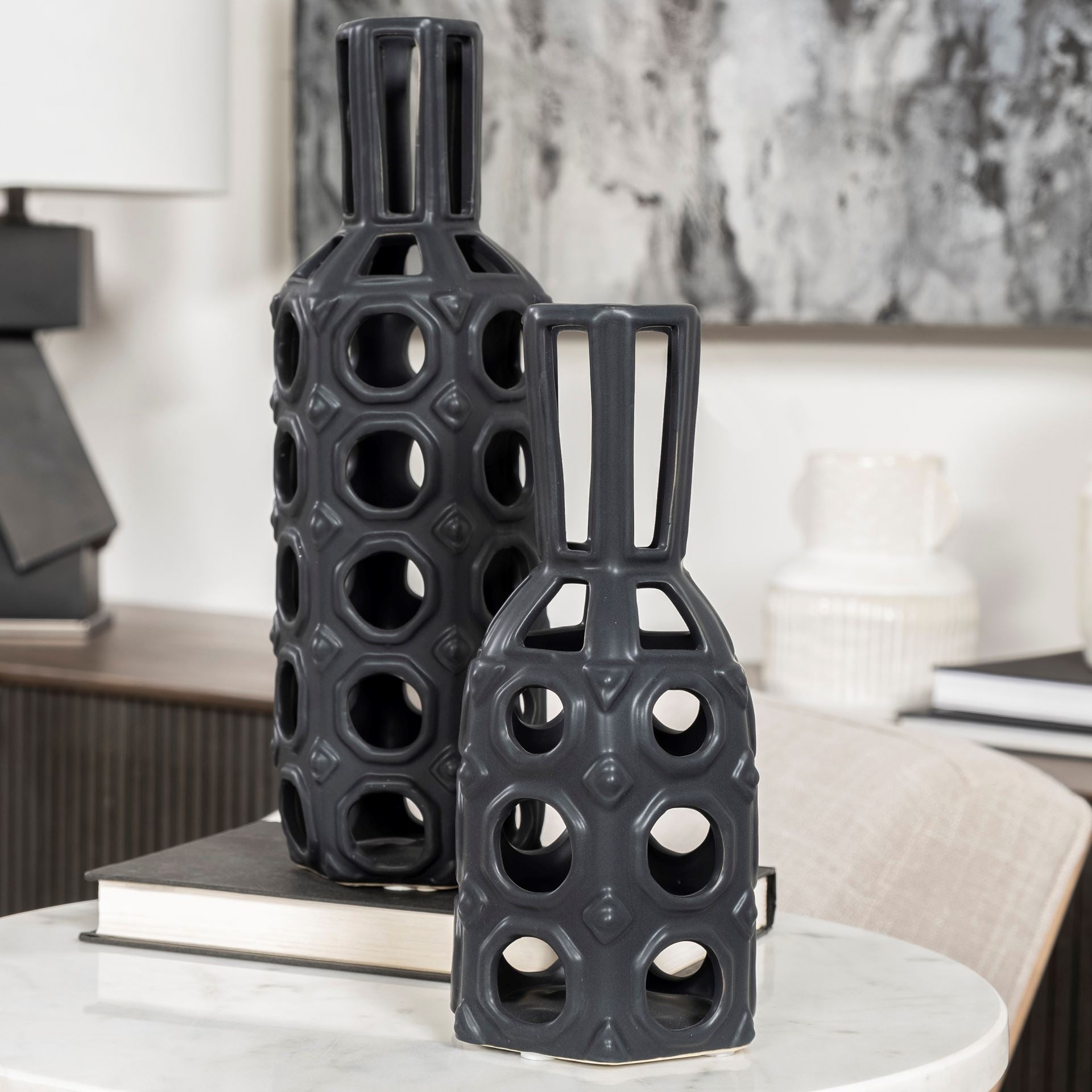 Black Cutout Drum Ceramic Vase