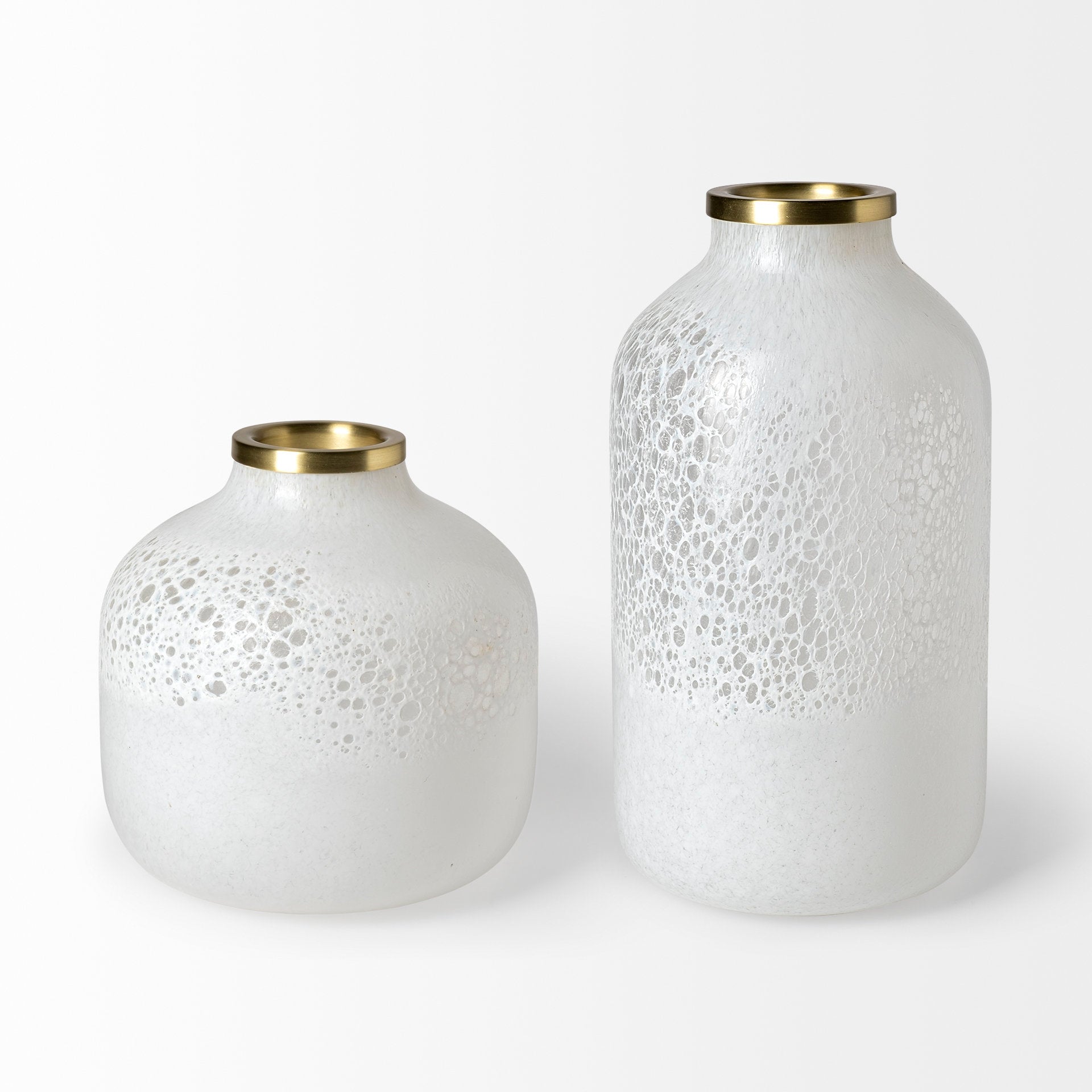 Short White Glass Vase with Gold Rim