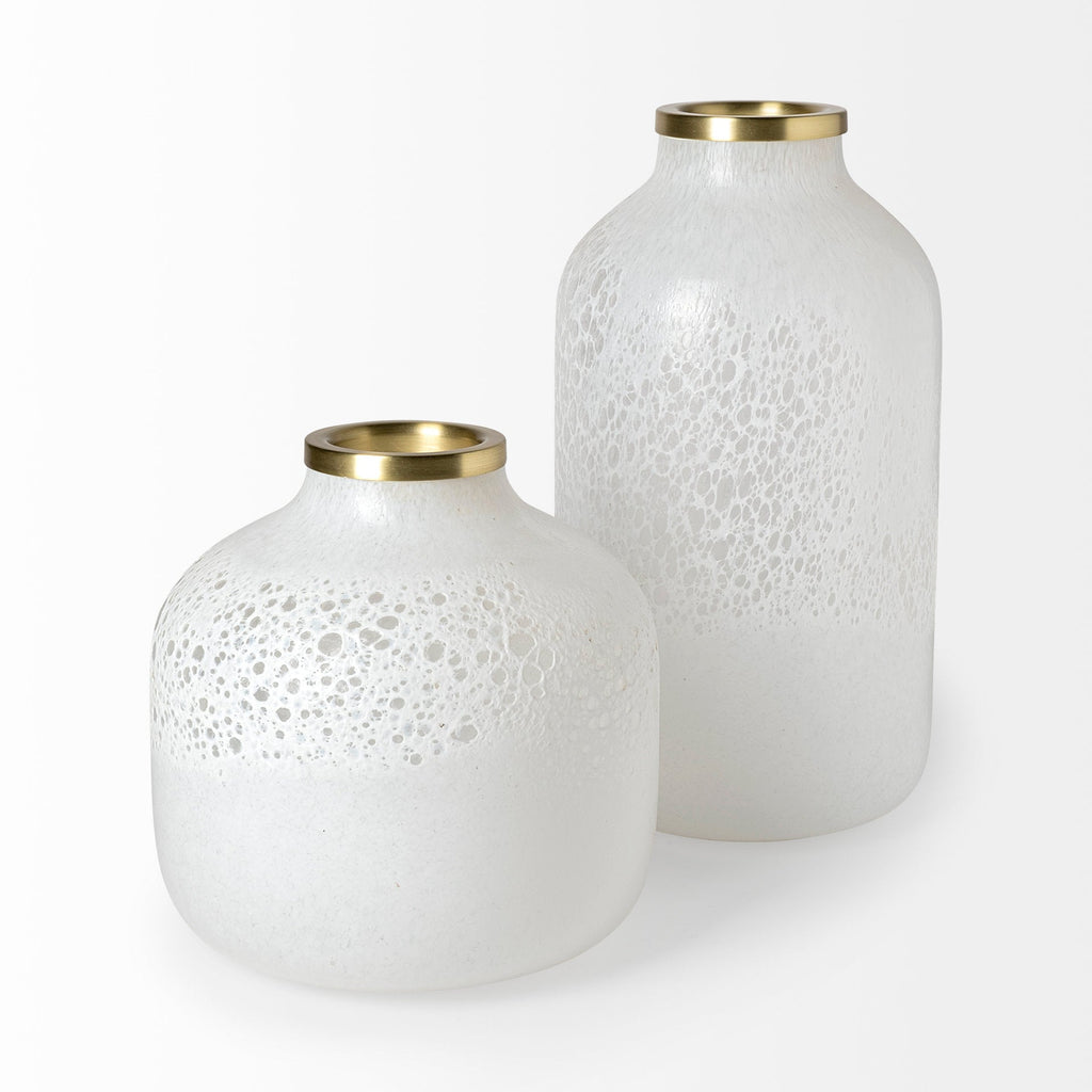 Short White Glass Vase with Gold Rim