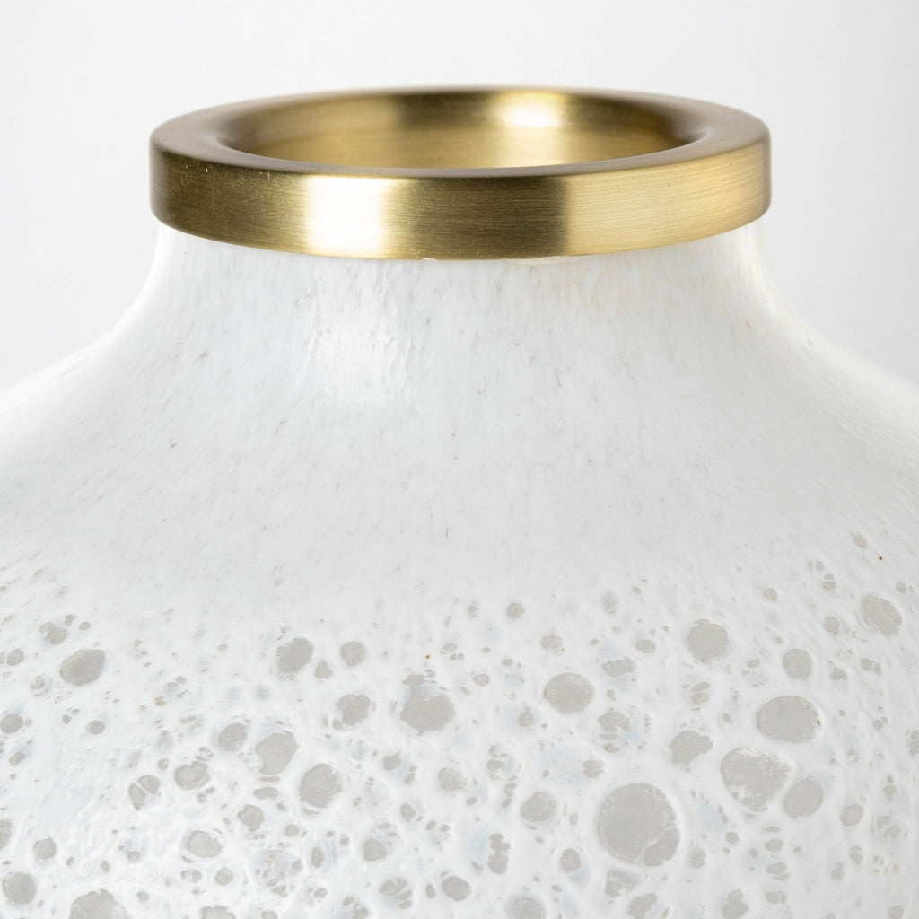 Short White Glass Vase with Gold Rim
