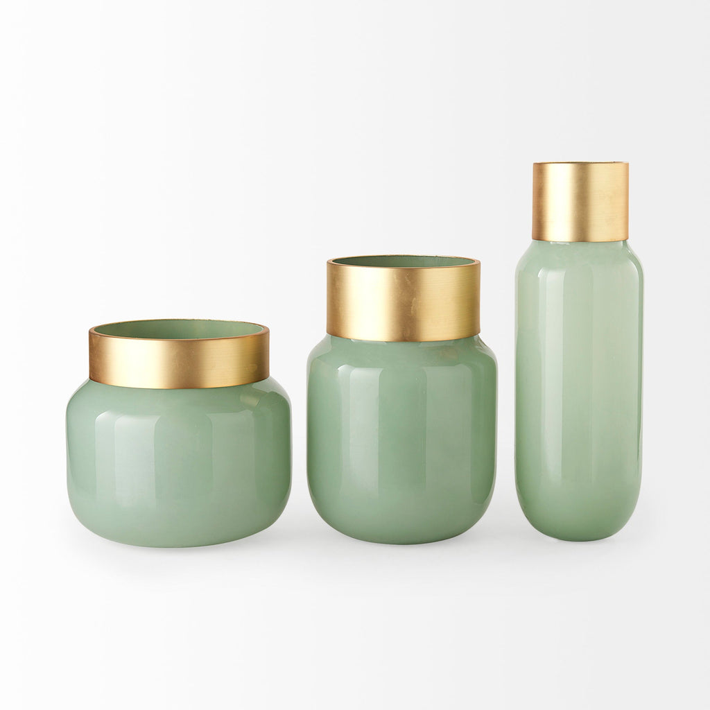 Green Glass Vase with Gold Metal Neck
