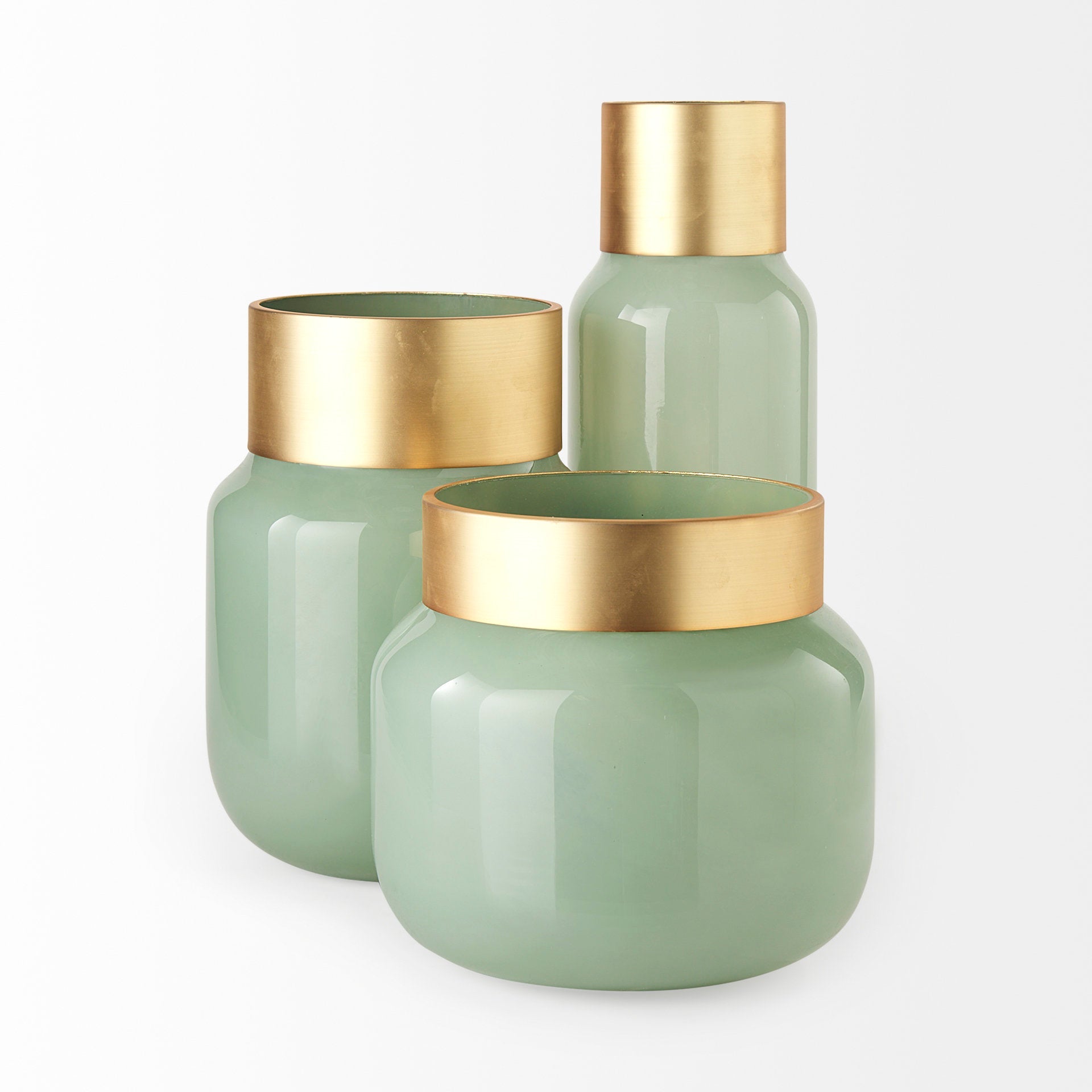 Green Glass Vase with Gold Metal Neck