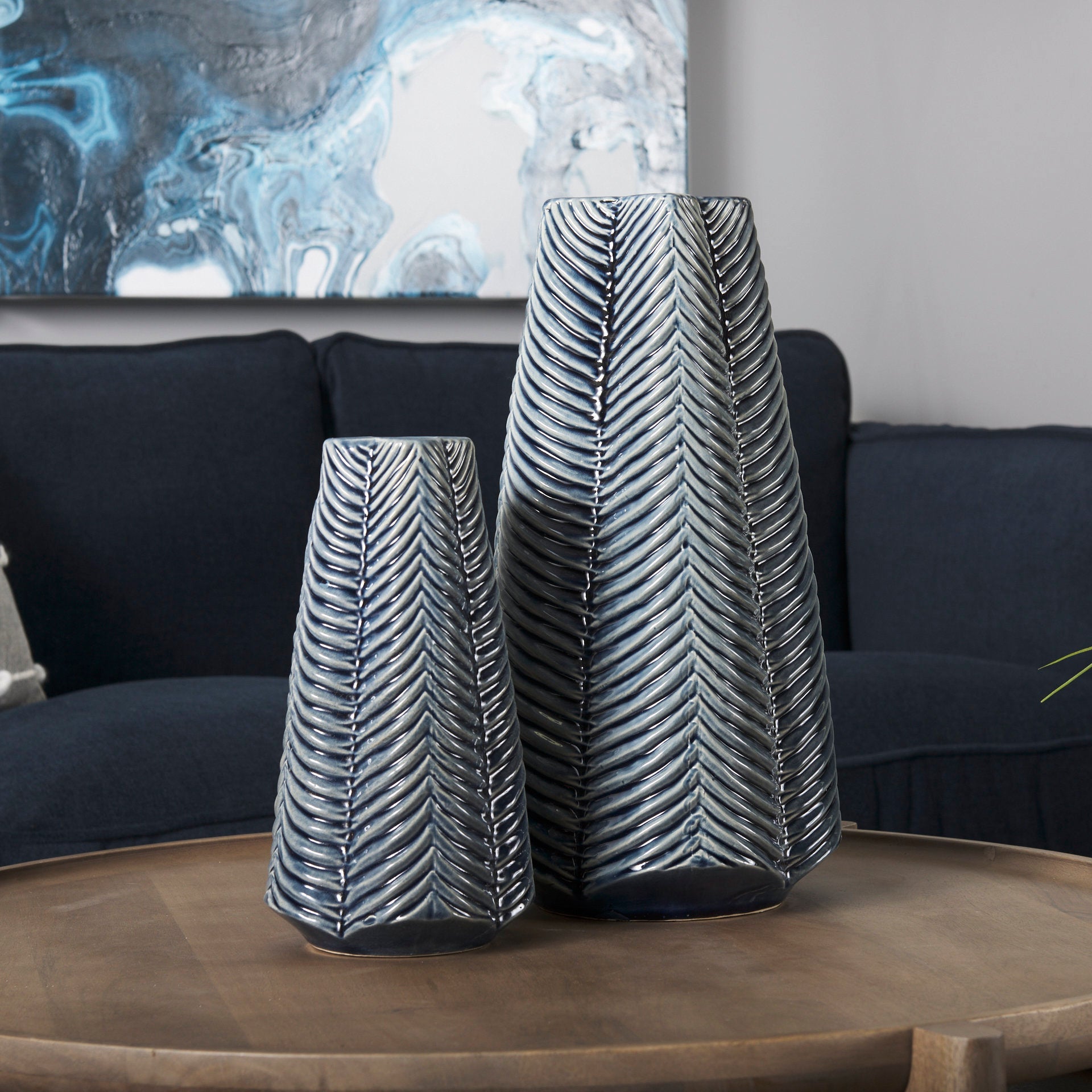 Small Grooved Navy Ceramic Vase