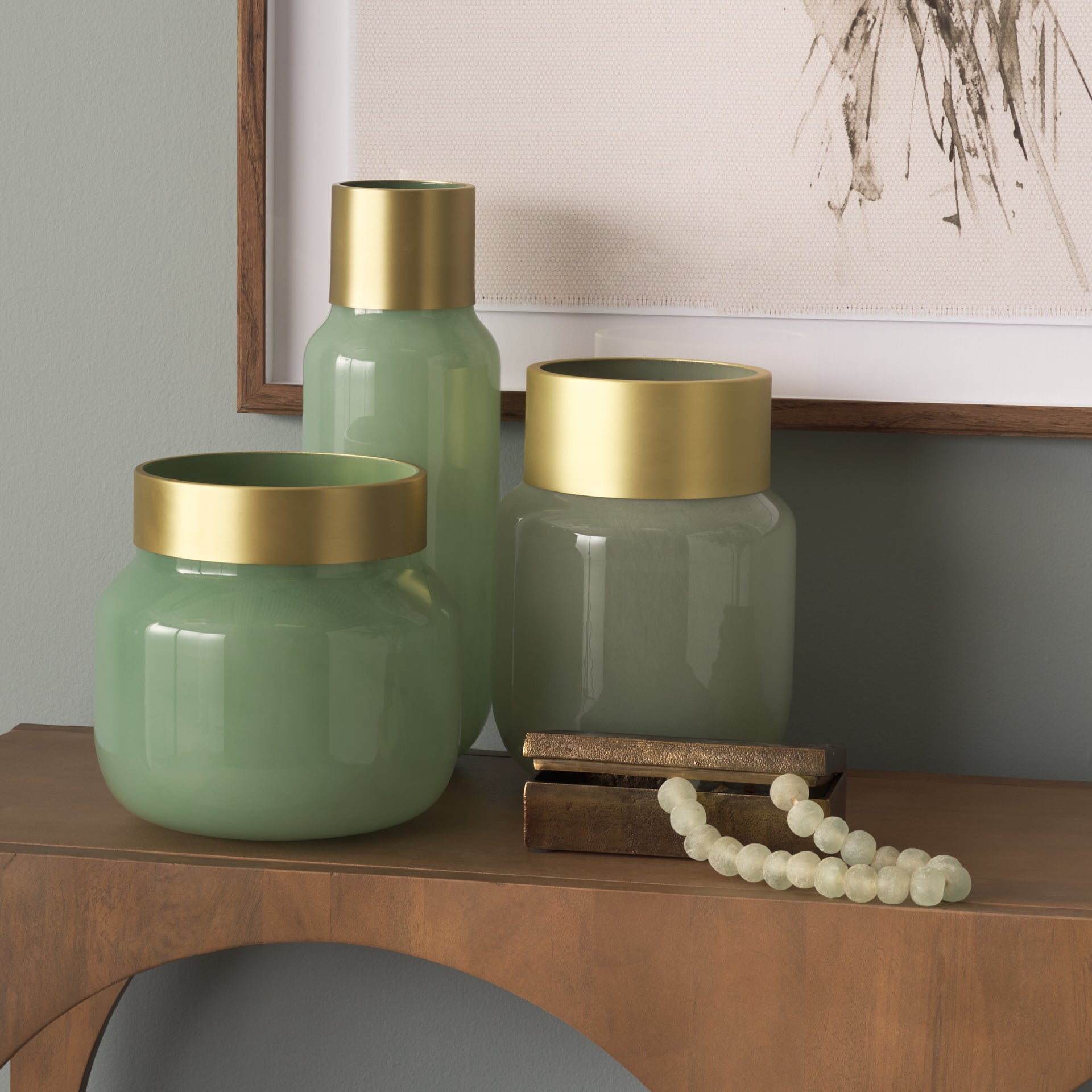 Green Glass Vase with Gold Metal Neck